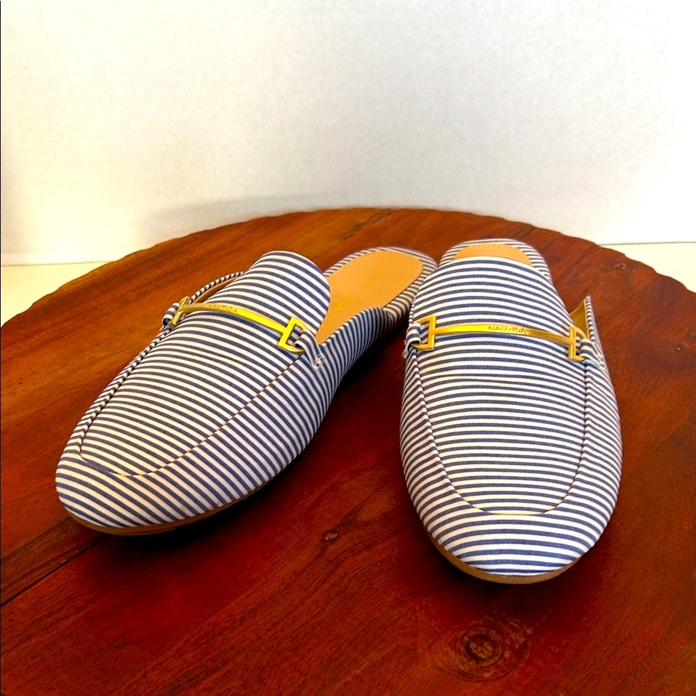 Nautica Blue and White Striped Loafers with Gold Detail